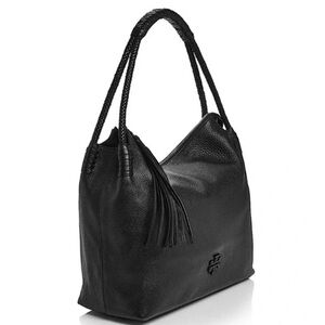 Tory Burch Black Pebbled Leather Hobo Tote Bag with Dual Braided Straps & Tassel
